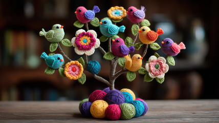 A handcrafted yarn tree with colorful crocheted birds and bright flowers, resting on multicolored yarn balls, in a cozy crafting space with a wooden background, creating a vibrant, whimsical scene.