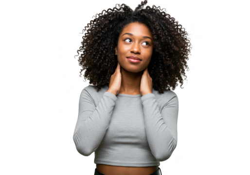 Young woman with curly hair touching her neck, looking up thoughtfully, isolated on transparent background