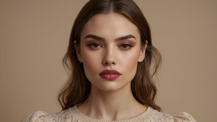 A stunning portrait of a woman with neutral makeup, showcasing her natural beauty and style in the studio.