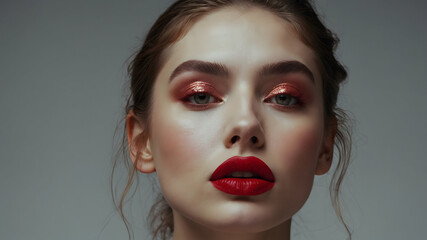 A stunning portrait of a woman with vibrant red lips and shiny eye shadow, showcasing her beauty and style.