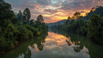 A wide tropical river flows through dense rainforest at sunset, with orange, yellow, and purple hues in the sky reflected on the calm water below.