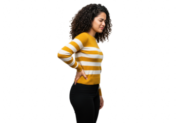 Young woman holding her lower back in pain isolated on transparent background