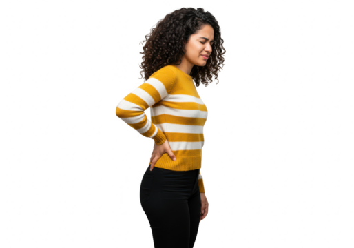 Young woman holding her lower back in pain isolated on transparent background