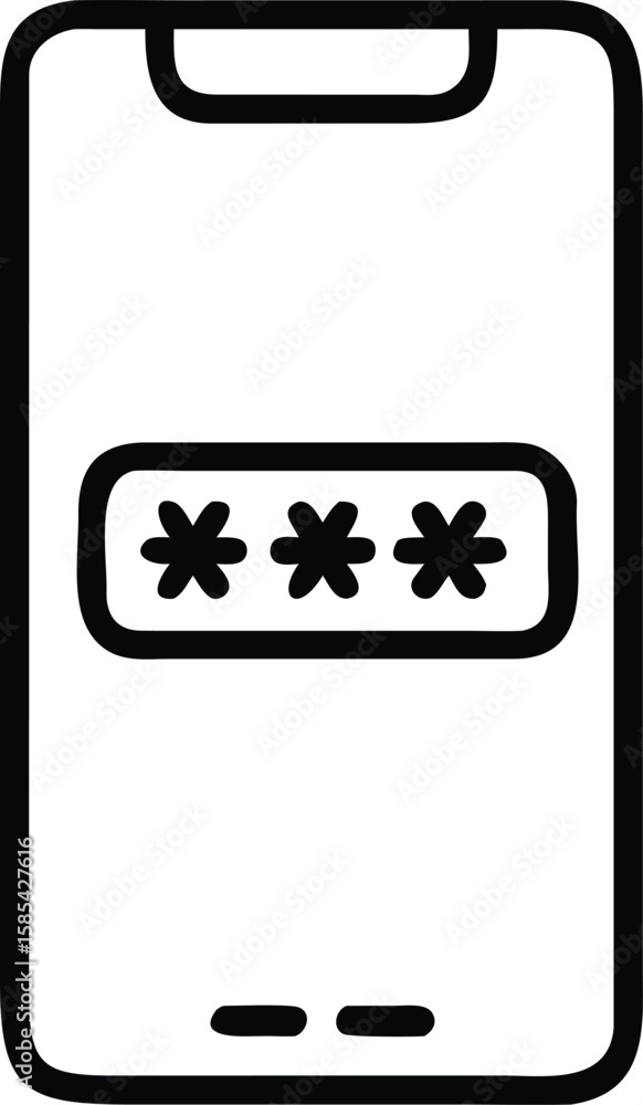 Aufkleber black line art of smartphone showing the password screen with asterisks symbol