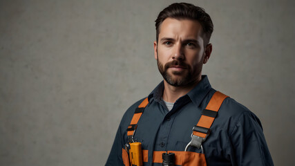 A serious construction worker wearing a safety vest poses for a portrait in a studio setting.