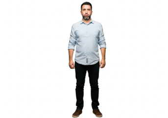 A man in a blue shirt and black jeans stands with a neutral expression and puffed cheeks, isolated on a transparent background