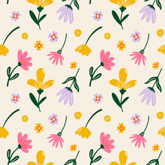 Tropical summer floral plants seamless vector pattern with colorful abstract exotic spring flowers illustration elements in cartoon funky groovy style for wrapping paper, textile, wallpaper, fabric