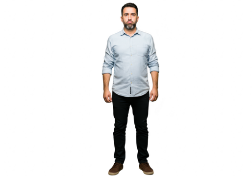 A man in a blue shirt and black jeans stands with a neutral expression and puffed cheeks, isolated on a transparent background