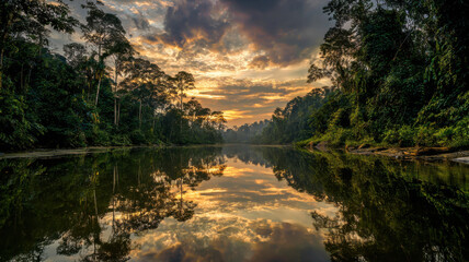 A wide tropical river flows through dense rainforest at sunset, with orange, yellow, and purple hues in the sky reflected on the calm water below.
