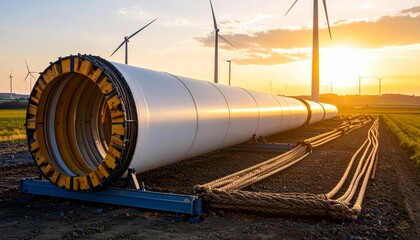 Wind Turbine Component in Sunset with Windmill and Fields Background