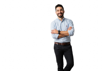 A confident man with a beard stands with crossed arms, wearing a blue striped shirt and black pants, isolated on a transparent background