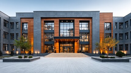 School or university exterior building with entrance, modern educational facility architecture for learning environment