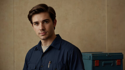 A young mechanic in a blue uniform poses confidently in front of his toolbox in the shop, ready to provide expert service.