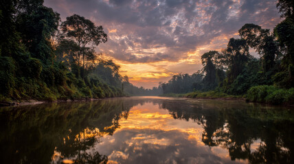 A wide tropical river flows through dense rainforest at sunset, with orange, yellow, and purple hues in the sky reflected on the calm water below.