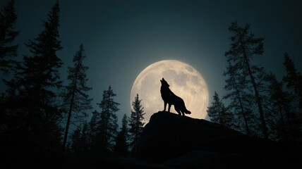 A wolf stands atop a rock, howling at the full moon on a bright night, surrounded by a coniferous forest, with the wolf and moon prominently featured in the foreground.