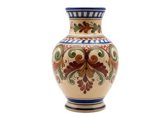 An ornate, handpainted ceramic vase with intricate patterns, isolated on a transparent background