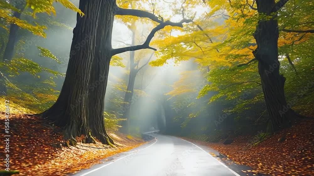 Poster road with trees on either side and leaves on the ground. the road is empty and the sun is shining th
