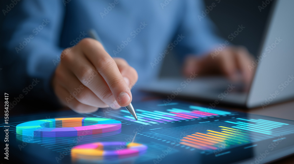 Poster data visualization and analytics charts on digital devices