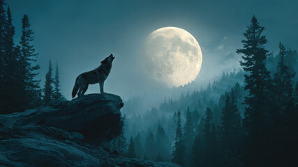 A wolf stands atop a rock, howling at the full moon on a bright night, surrounded by a coniferous forest, with the wolf and moon prominently featured in the foreground.