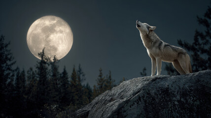 A wolf stands atop a rock, howling at the full moon on a bright night, surrounded by a coniferous forest, with the wolf and moon prominently featured in the foreground.
