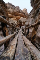 This breathtaking image features a picturesque wooden bridge traversing a narrow gorge, framed by towering rock walls, emphasizing themes of adventure and exploration, and showcasing nature's magnifi