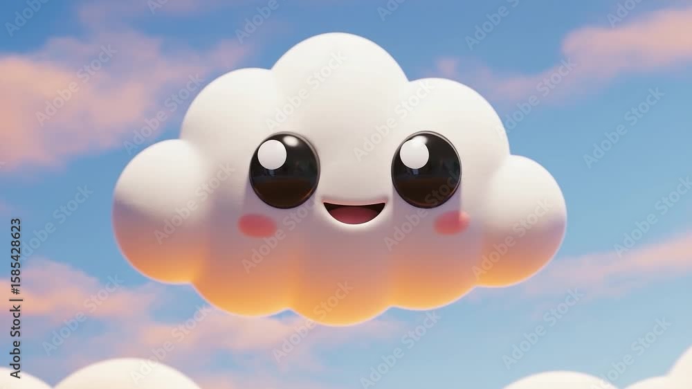 Poster cartoon cloud with a smiling face is floating in the sky. the cloud is white and has a happy express