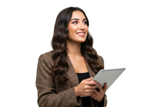 A thoughtful business woman looking away while holding a tablet computer isolated on transparent background