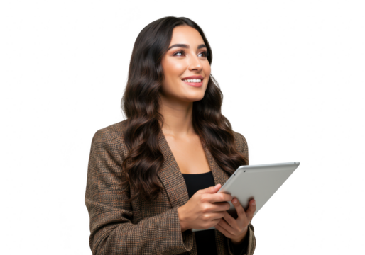 A thoughtful business woman looking away while holding a tablet computer isolated on transparent background