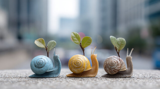 Three colorful snails with leaves sprouting from their shells, each a different hue, set against the backdrop of tall city buildings.