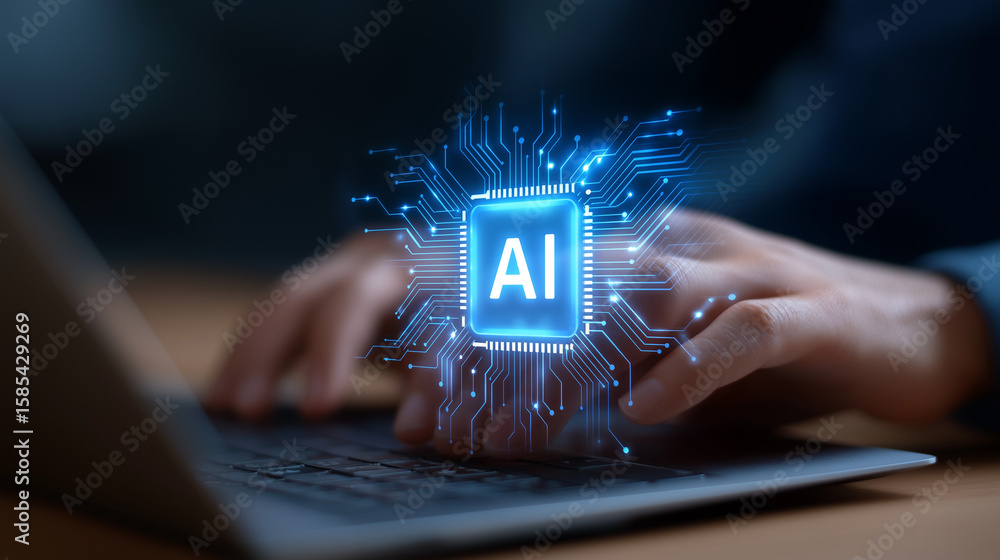 Poster hand typing on laptop with ai chip icon and digital circuit background