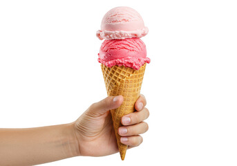 A hand holds a waffle cone with two scoops of pink ice cream isolated on a transparent background