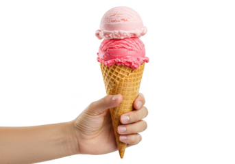 A hand holds a waffle cone with two scoops of pink ice cream isolated on a transparent background