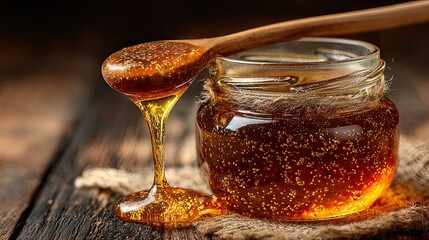 Shilajit honey drip jar closeup, natural herbal supplement product with golden honey texture for health and wellness ads