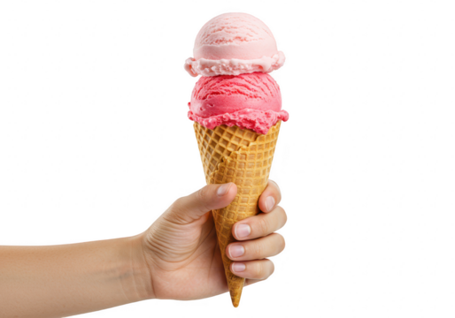 A hand holds a waffle cone with two scoops of pink ice cream isolated on a transparent background
