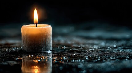 Single candle on reflective surface in dark room, minimal warm light and peaceful visual for meditation or ritual