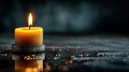 Single candle on reflective surface in dark room, minimal warm light and peaceful visual for meditation or ritual