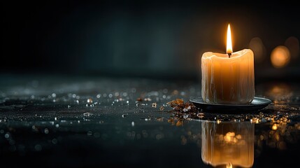Single candle on reflective surface in dark room, minimal warm light and peaceful visual for meditation or ritual