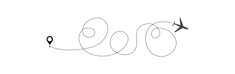 dotted line route. flying plane with twisted, curved and straight dashed trace path. vector illustration.