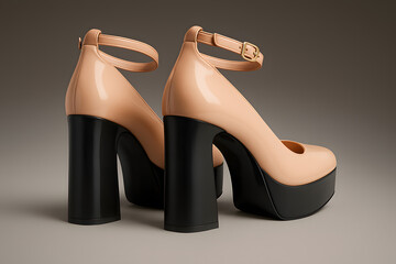 Elegant peach platform high heels with black chunky base for fashion, style, and product presentation