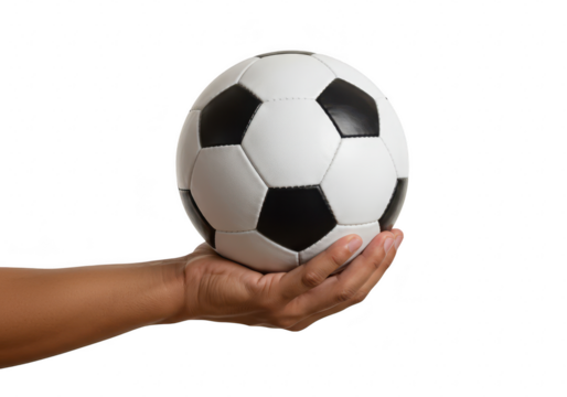 A hand holds a soccer ball, ready for the game isolated on transparent background