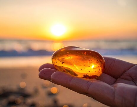 Amber stone held in hand at sunrise