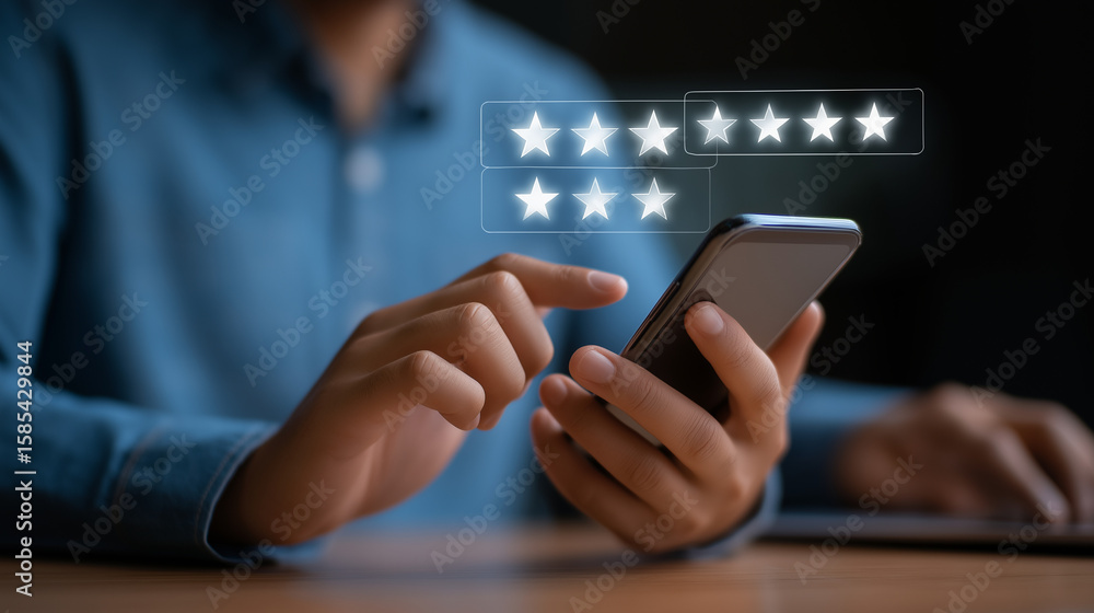 Aufkleber close-up of hands using smartphone and laptop with user reviews