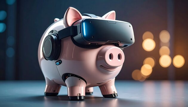 Cute pink piggy bank wearing a sleek virtual reality headset in a softly lit modern environment.