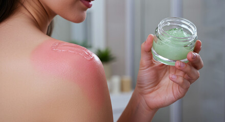 Aloe vera gel applied to red sunburned shoulder indoors