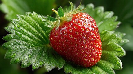 Single ripe strawberry on green leaf, fresh berry pictorial for garden, nature, food, summer, healthy concept