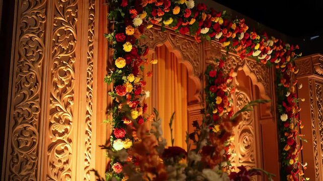 A beautifully decorated Indian wedding mandap with vibrant flower arrangements and elegant traditional design.