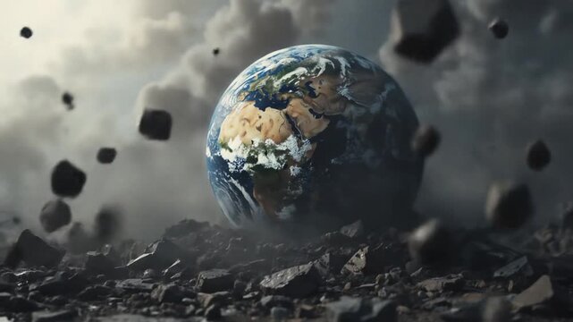 The destroyed Earth symbolizes global chaos and conflict. 4k video