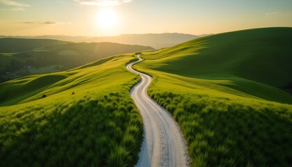 A dirt road winding through a lush green landscape at sunset
