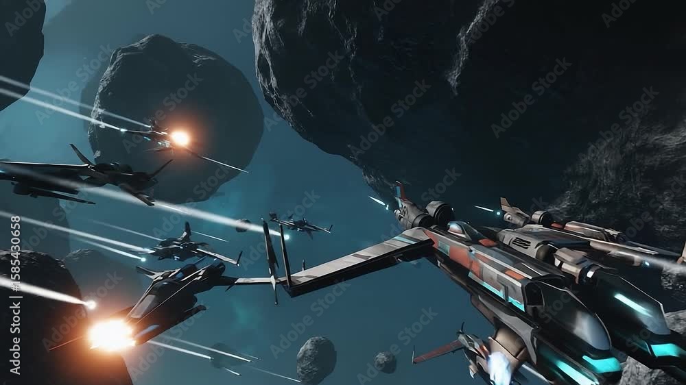 Poster group of spaceships are flying through space, with one of them being shot at by a group of other spa