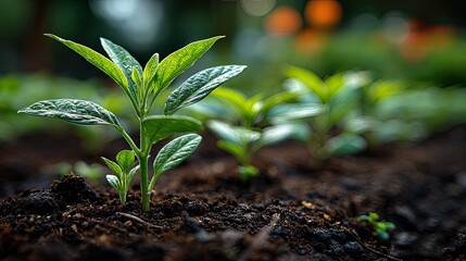 Small green plants growing in soil, eco-friendly farming or gardening concept with nature growth and sustainability